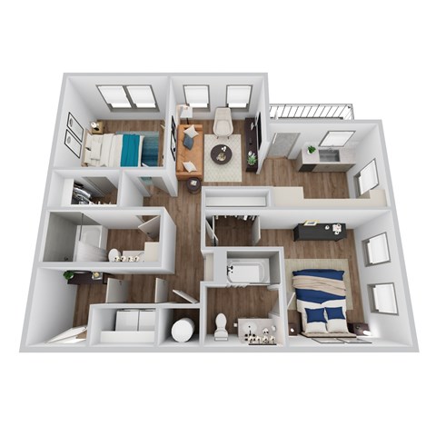 A 3D rendering of B1 floor plan at Era apartments in Denton, TX